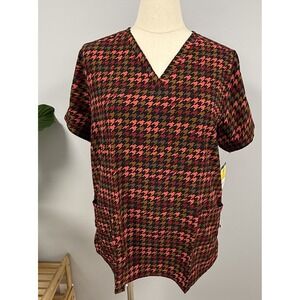 NWT Wonder Wink Houndstooth Plaid Scrub Top True Plus Fit 3X Scrubs Red/Brown RN